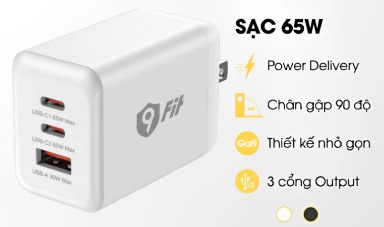 Củ sạc 9Fit PD 65W 1A2C GaN - Chính hãng