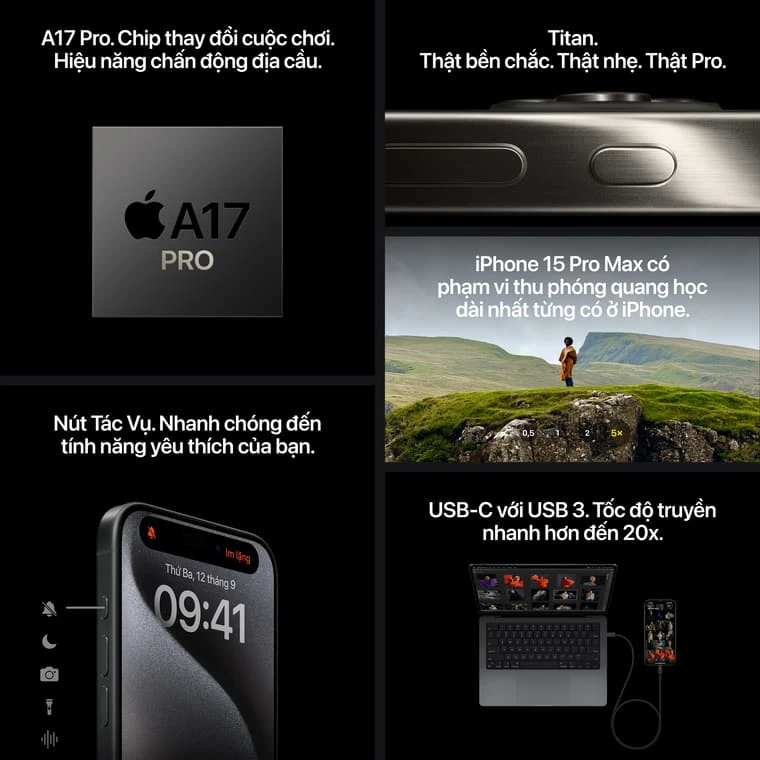iPhone 15 Pro iPhone 15 Pro trang bị camera hỗ trợ zoom quang học 3x và nhiều công nghệ hiện đại