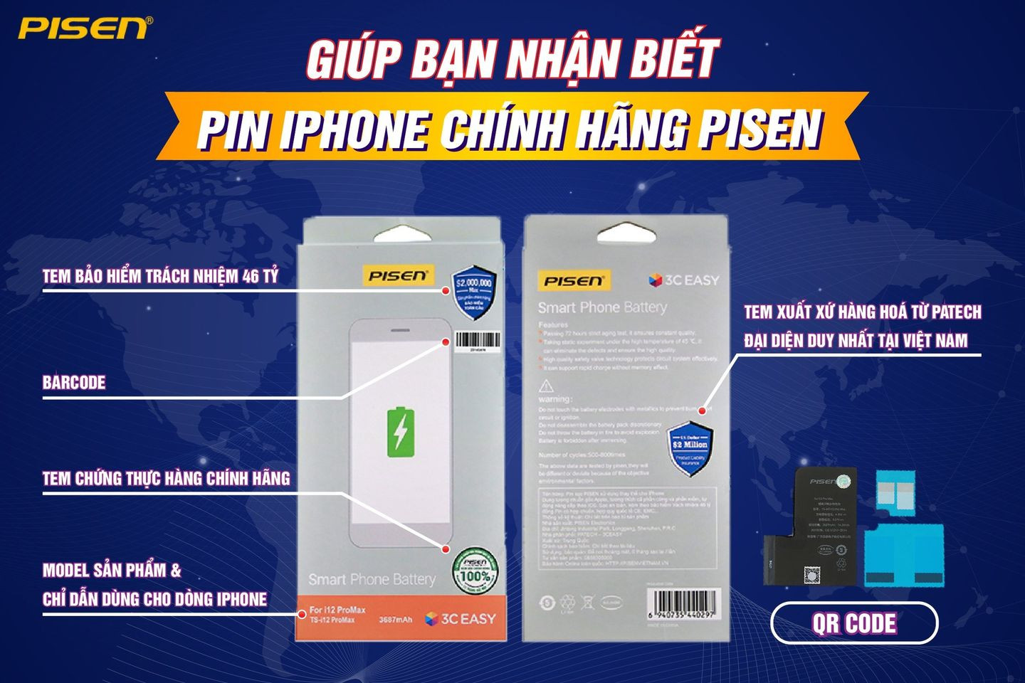 Pin iPhone 12 Mini Chính Hãng PISEN (Dung lượng chuẩn 2227mAh)