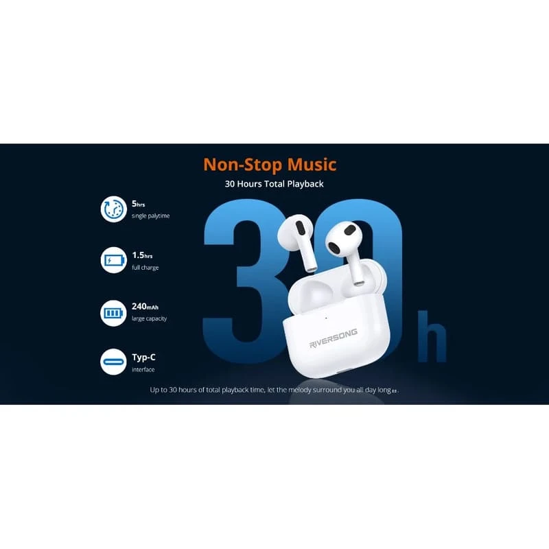 Thời lượng pin ấn tượng trên tai nghe không dây Riversong Airfly L3 EA227 Thời lượng pin ấn tượng trên tai nghe không dây Riversong Airfly L3 EA227