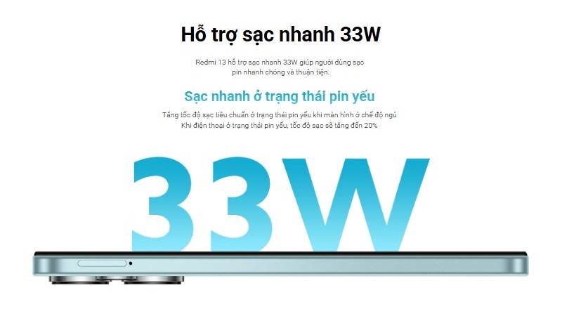 Xiaomi Redmi 13 được trang bị thời lượng pin đủ dùng cả ngày dài, sạc nhanh tiện lợi
