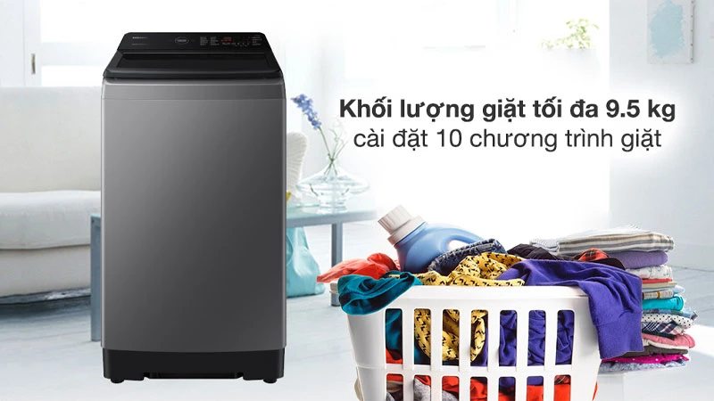 Khối lượng giặt tối đa 9.5kg. Khối lượng giặt tối đa 9.5kg.