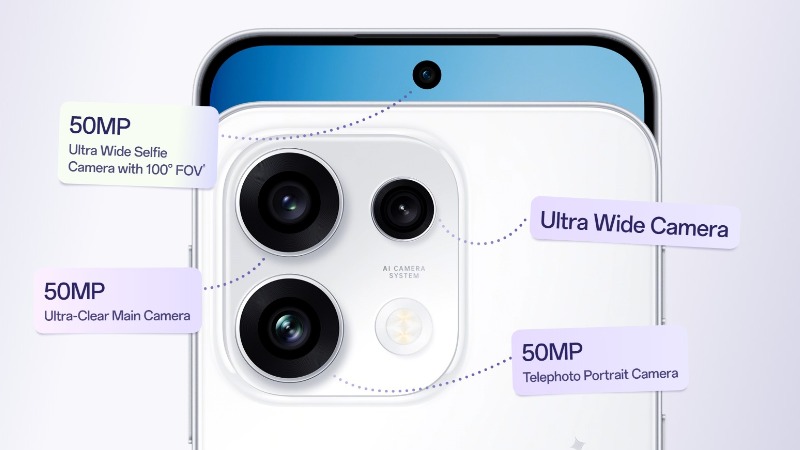 OPPO Reno16 F 5G có camera chính 50MP hỗ trợ OIS, camera góc siêu rộng 8MP và camera tele 50MP hỗ trợ OIS.