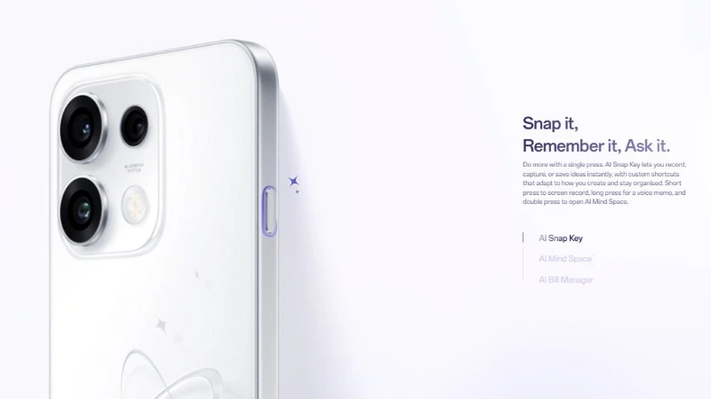 OPPO Reno16 F 5G có AI Snap Key, cho phép thao tác nhanh để ghi màn hình. OPPO Reno16 F 5G có AI Snap Key, cho phép thao tác nhanh để ghi màn hình.