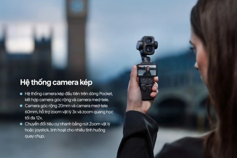 Camera kép DJI Osmo Pocket 4P thay đổi góc nhìn linh hoạt. Camera kép DJI Osmo Pocket 4P thay đổi góc nhìn linh hoạt.